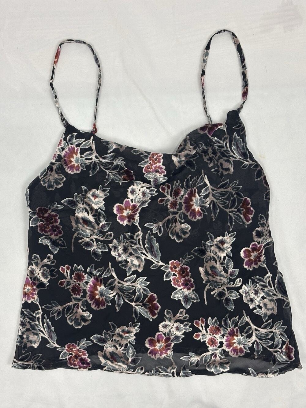 American Eagle Tank Whimsigoth Top XS Black Floral Burnout Velvet Cowl Neck Y2K